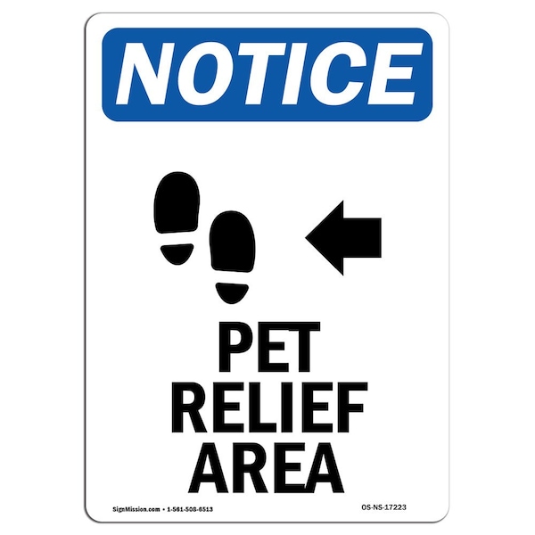 Sign, 5" H, Pet Relief Area (Left Arrow) Sign, Portrait, NS-D-35-V-17223-10PK